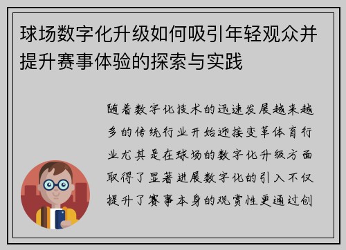 球场数字化升级如何吸引年轻观众并提升赛事体验的探索与实践